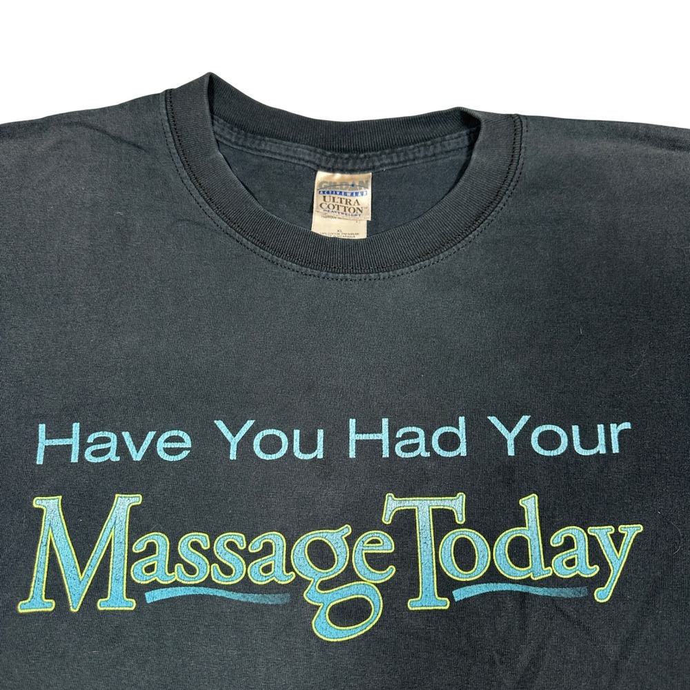 Vintage Y2K Gildan Ultra Cotton Massage Today Graphic T-Shirt XL Black Humor Tee